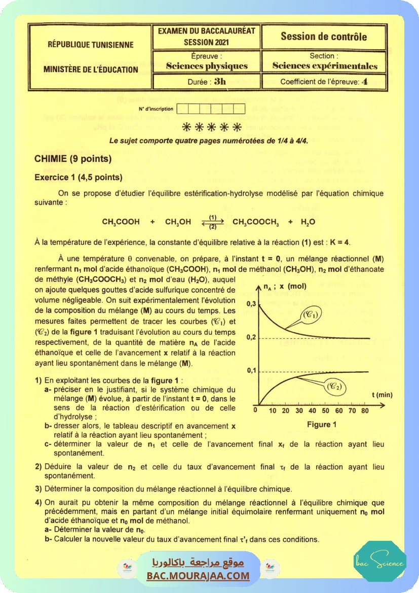 Sujet controle physique Bac 2021 – Section science